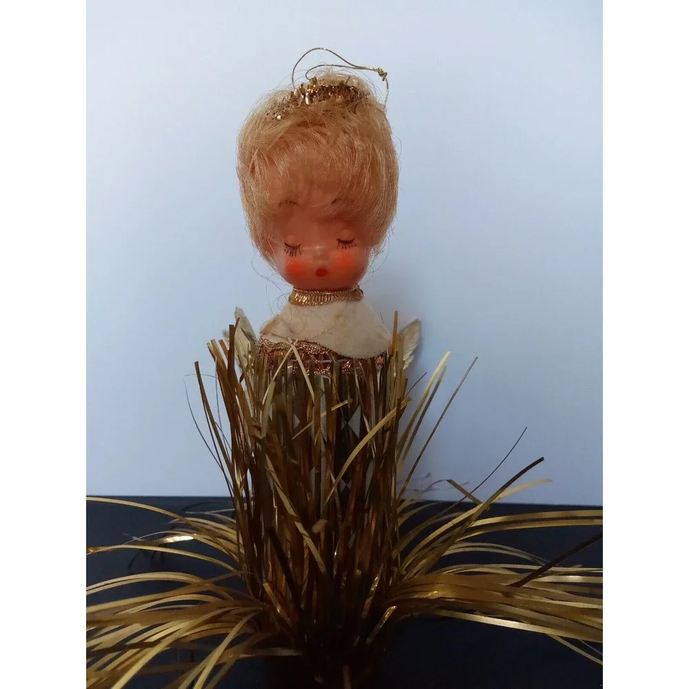 Vintage Angel tree topper Cardboard Gold wings‎ dress and plastic face Halo